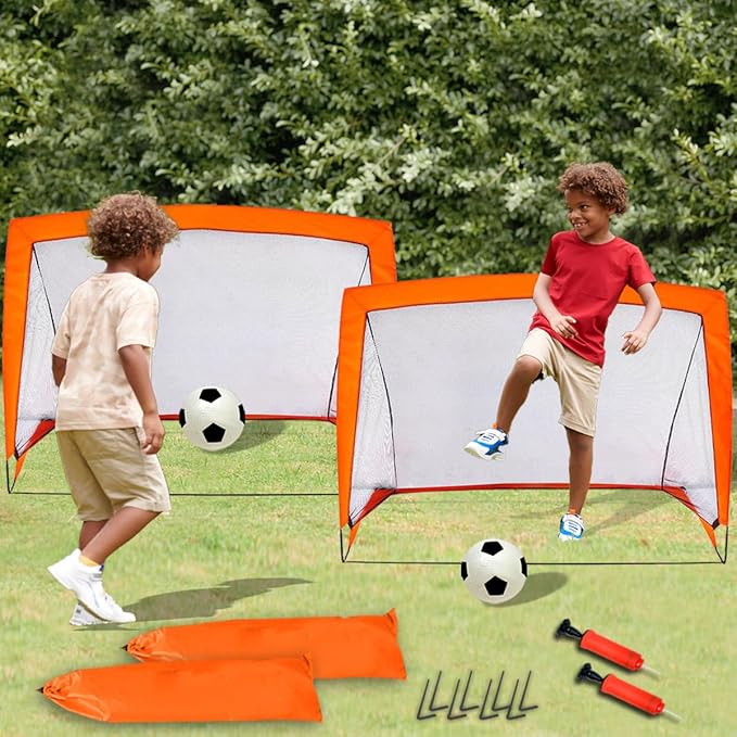 Kids Pop Up Football Goal Post (120x90cm) Foldable Soccer Net with Ball & Pump, Portable Outdoor Backyard Sports Training Activity, Garden Practice Game Gift Set for Children Ages 3+