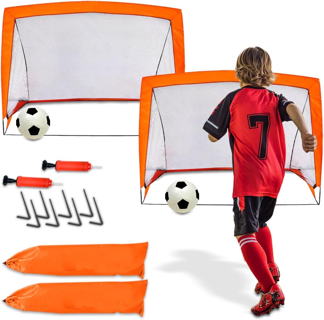 Kids Pop Up Football Goal Post (120x90cm) Foldable Soccer Net with Ball & Pump, Portable Outdoor Backyard Sports Training Activity, Garden Practice Game Gift Set for Children Ages 3+