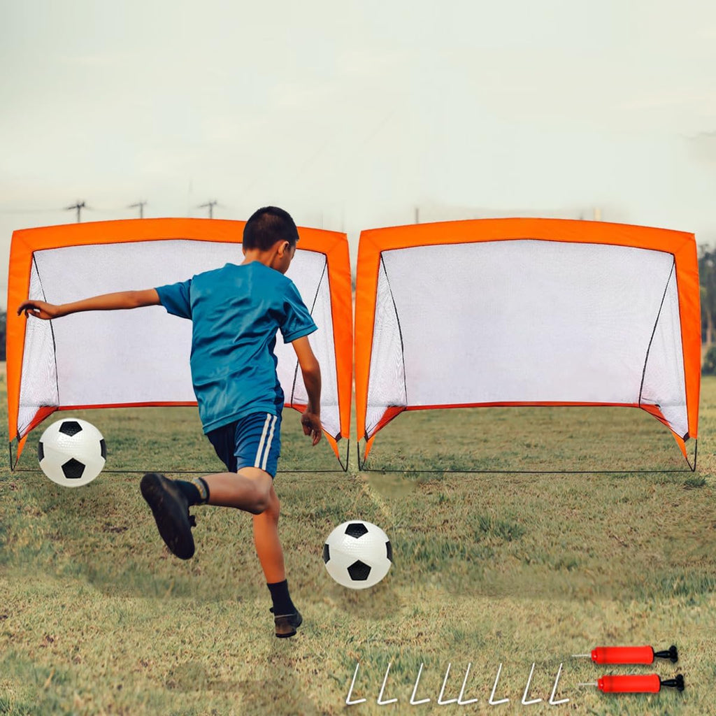 Kids Pop Up Football Goal Post (120x90cm) Foldable Soccer Net with Ball & Pump, Portable Outdoor Backyard Sports Training Activity, Garden Practice Game Gift Set for Children Ages 3+