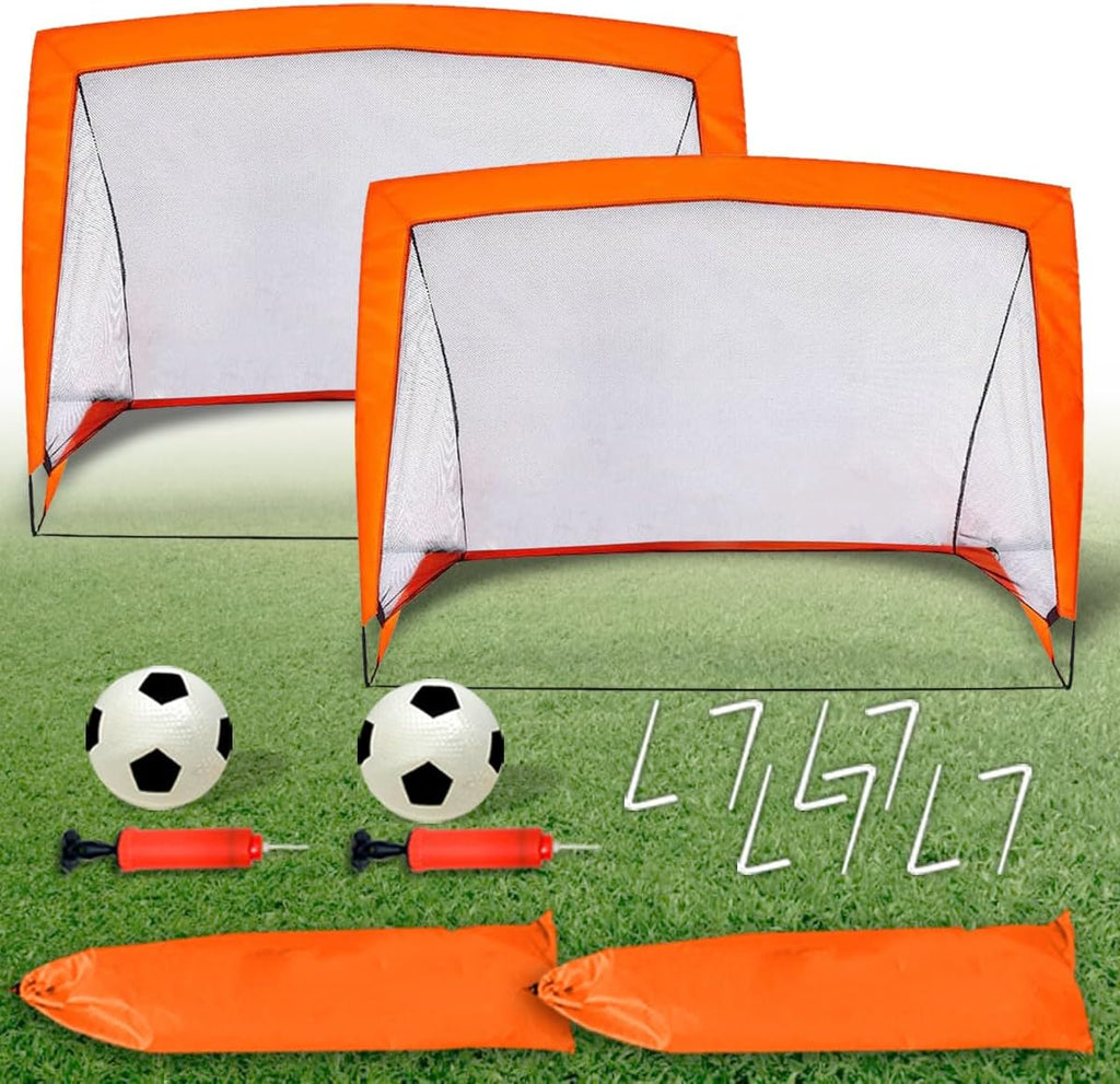 Kids Pop Up Football Goal Post (120x90cm) Foldable Soccer Net with Ball & Pump, Portable Outdoor Backyard Sports Training Activity, Garden Practice Game Gift Set for Children Ages 3+