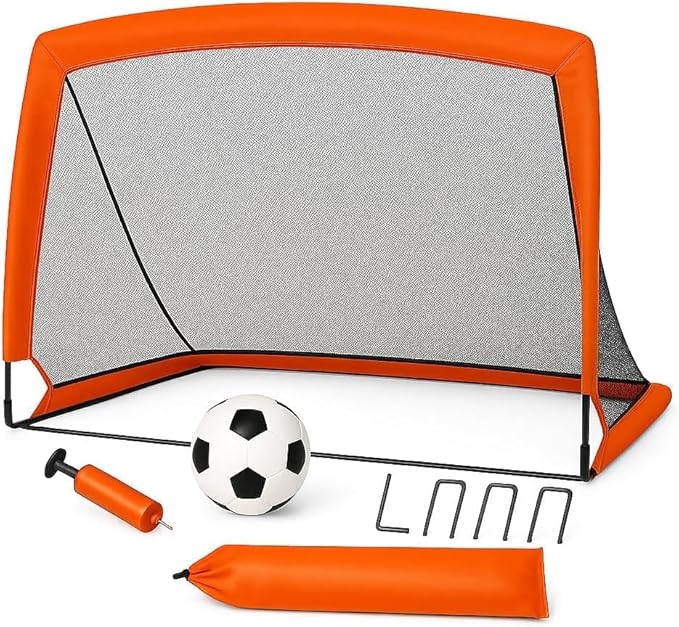 Kids Pop Up Football Goal Post (120x90cm) Foldable Soccer Net with Ball & Pump, Portable Outdoor Backyard Sports Training Activity, Garden Practice Game Gift Set for Children Ages 3+