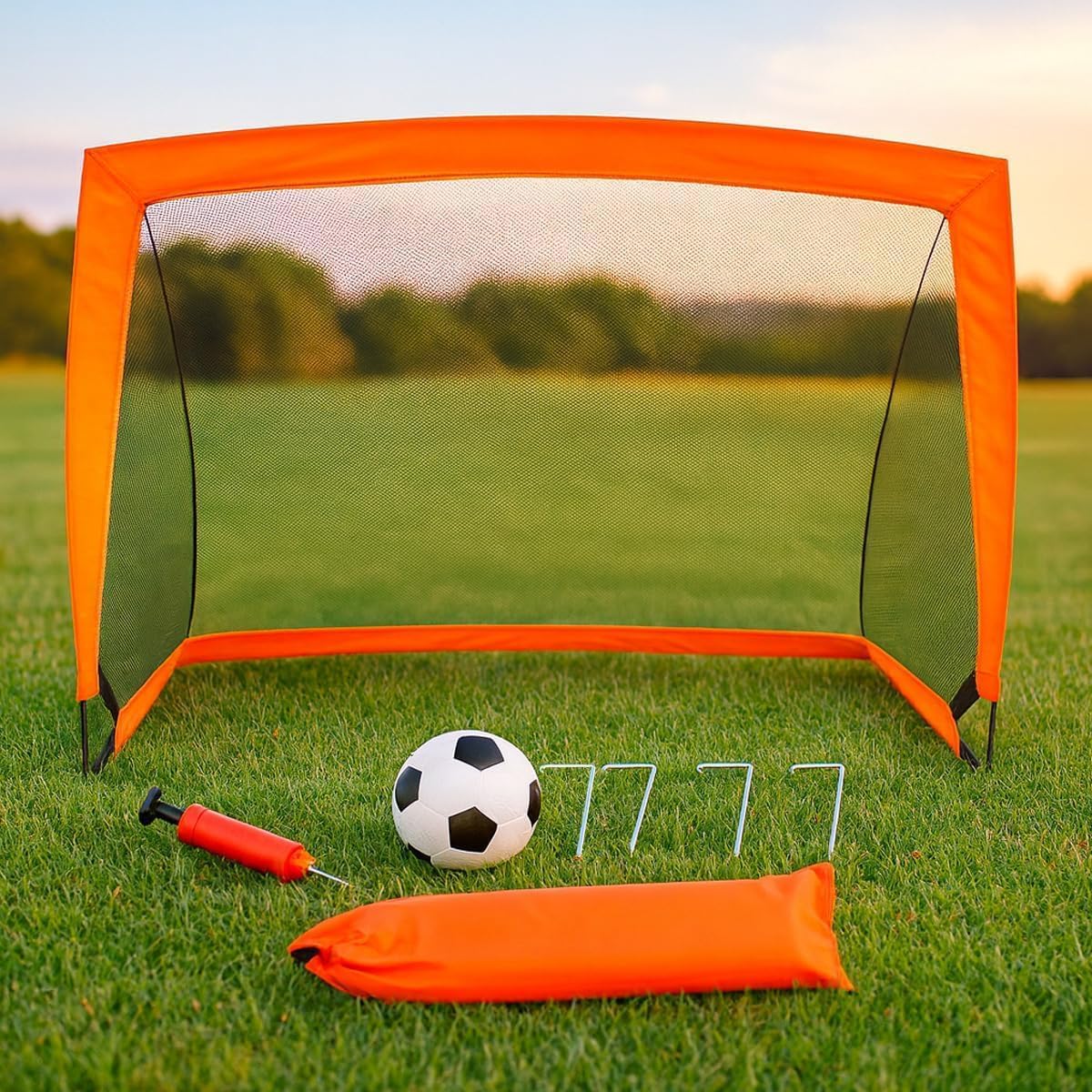 Kids Pop Up Football Goal Post (120x90cm) Foldable Soccer Net with Ball & Pump, Portable Outdoor Backyard Sports Training Activity, Garden Practice Game Gift Set for Children Ages 3+