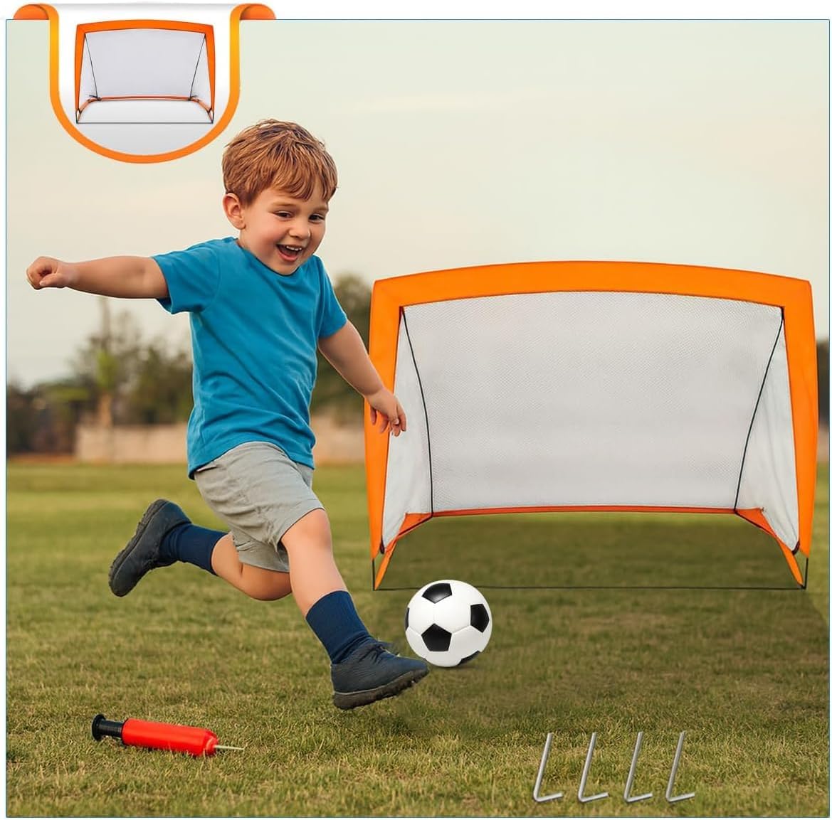 Kids Pop Up Football Goal Post (120x90cm) Foldable Soccer Net with Ball & Pump, Portable Outdoor Backyard Sports Training Activity, Garden Practice Game Gift Set for Children Ages 3+