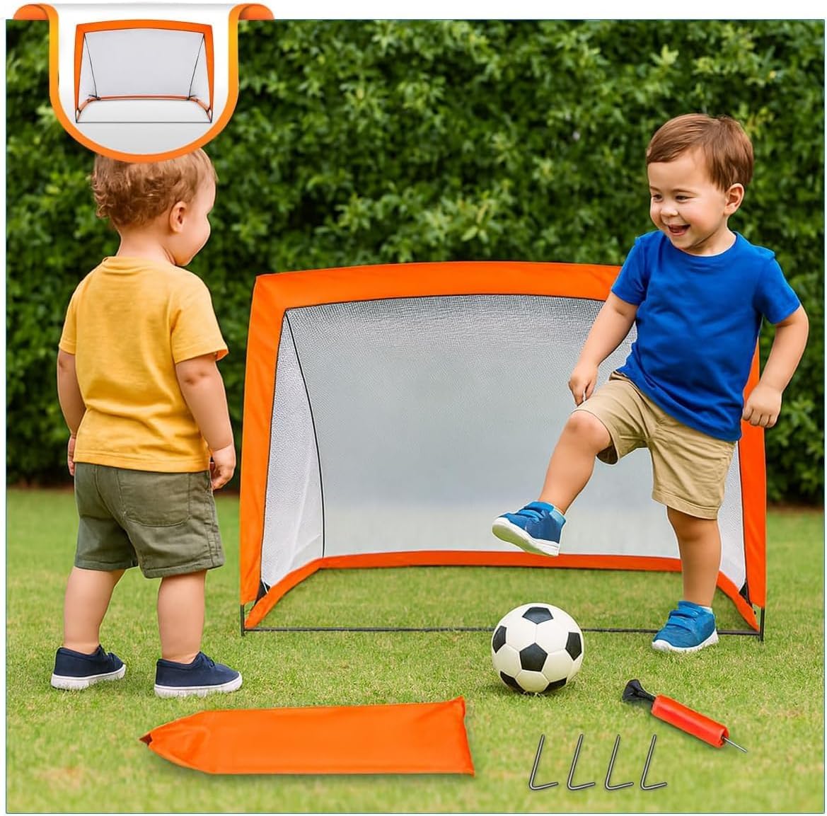 Kids Pop Up Football Goal Post (120x90cm) Foldable Soccer Net with Ball & Pump, Portable Outdoor Backyard Sports Training Activity, Garden Practice Game Gift Set for Children Ages 3+