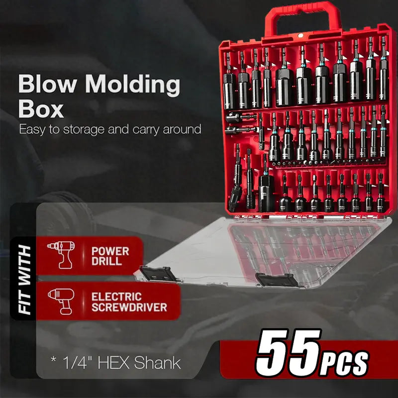 55Pcs Magnetic Impact Nut Driver Set, SAE & Metric, 1/4" Hex Shank Impact Ready, with Socket Adapters & Extension - Pro Mechanic Grad
