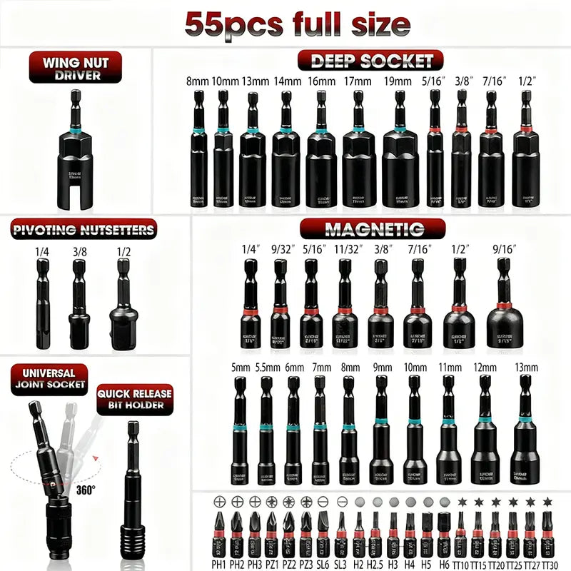55Pcs Magnetic Impact Nut Driver Set, SAE & Metric, 1/4" Hex Shank Impact Ready, with Socket Adapters & Extension - Pro Mechanic Grad