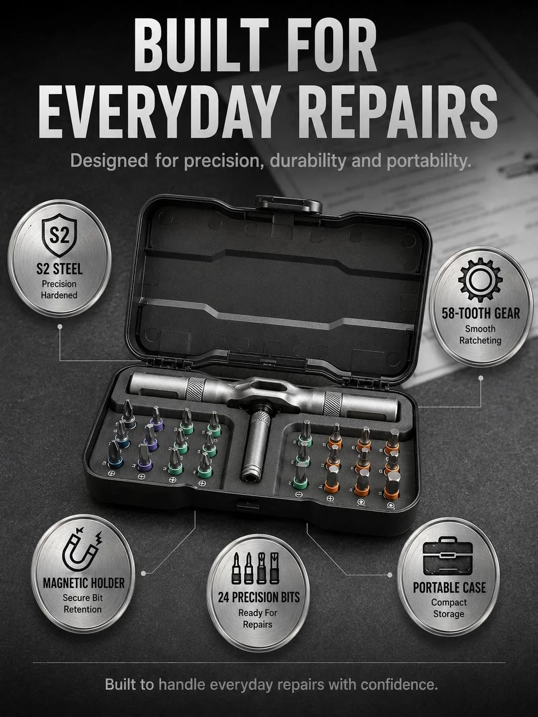 24-in-1 ModularRatchet Screwdriver Setwith Multi-AngleDetachable Handle